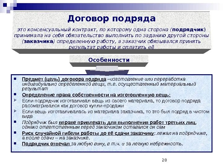 Являющимся подрядной организацией. Виды договора подряда. Договор подряда гражданское право. Договор подряда характеристика. Виды подрядных договоров.