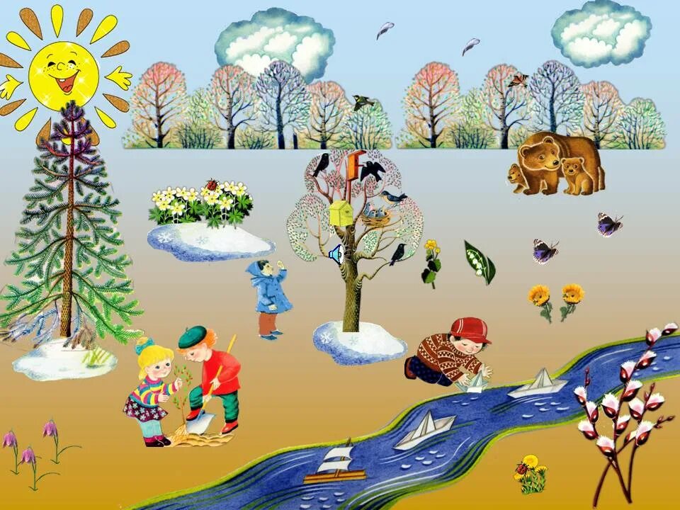 Апрель картинка для детского сада. Весенняя природа для детей. Природа для дошкольников. Пейзажи по временам года для дошкольников.