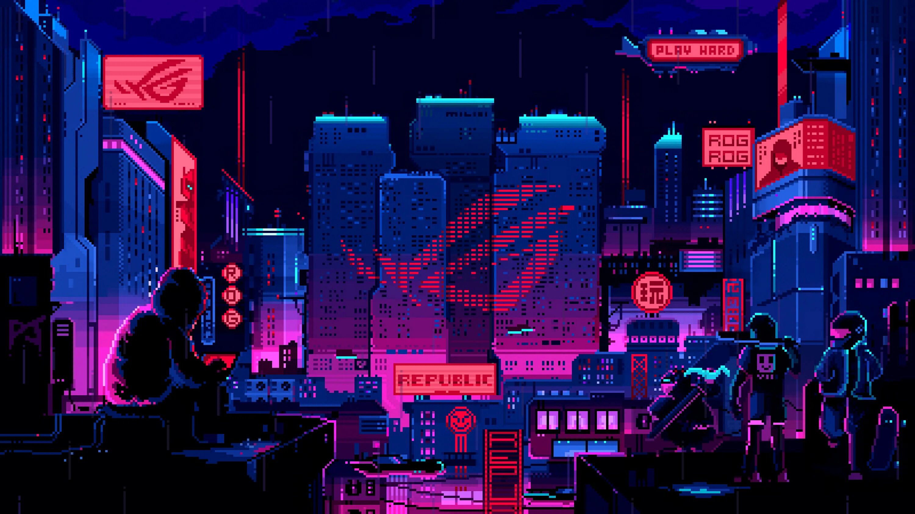 Pixel Cyberpunk ASUS ROG. Синтвейв ретровейв. Пиксельный киберпанк город / Pixel Cyberpunk City. Пиксель арт Cyberpunk 2077. Звук 16 бит 24 бита