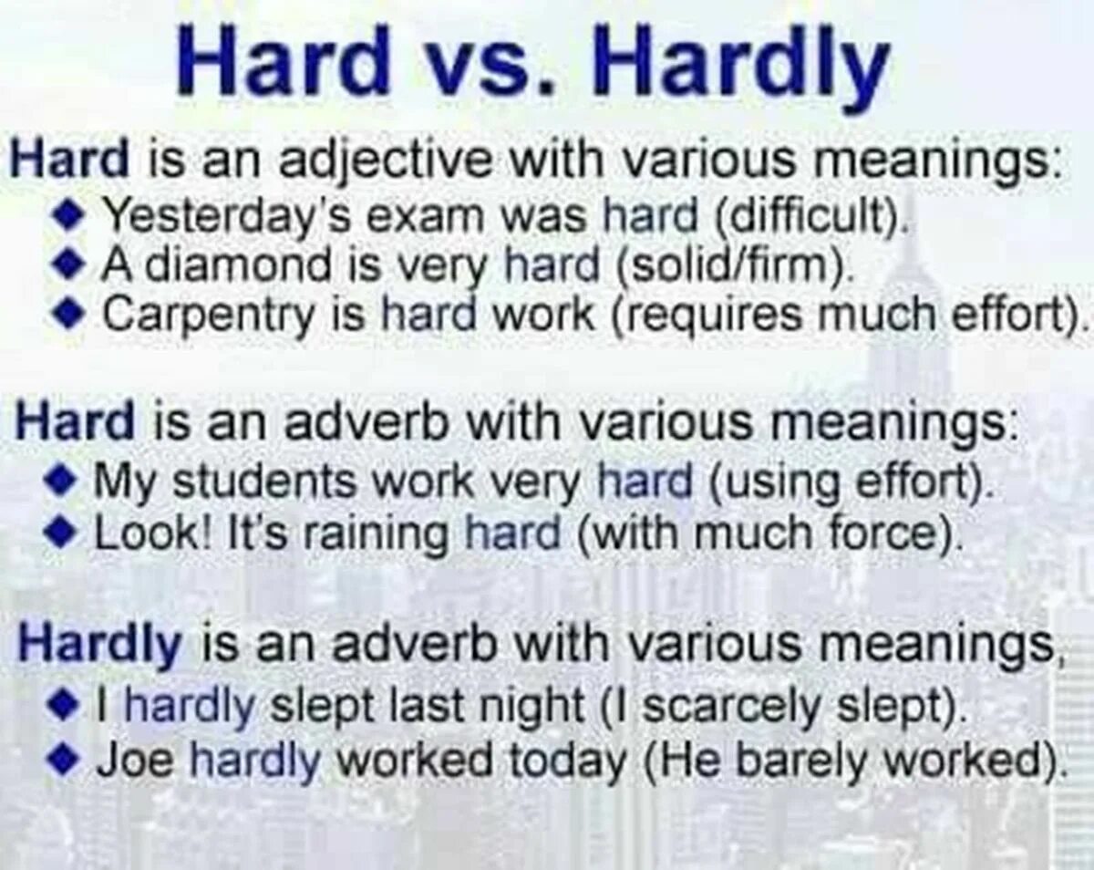 Work hardly or hard. Hard hardly. Употребление hard и hardly. Разница между hard и hardly. Предложения с hard.