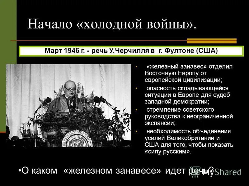 Появление холодной войны. Начало холодной войны 1946. Речь Черчилля начало холодной войны. Черчилль Фултонская речь 1946. Фултонская речь Железный занавес.