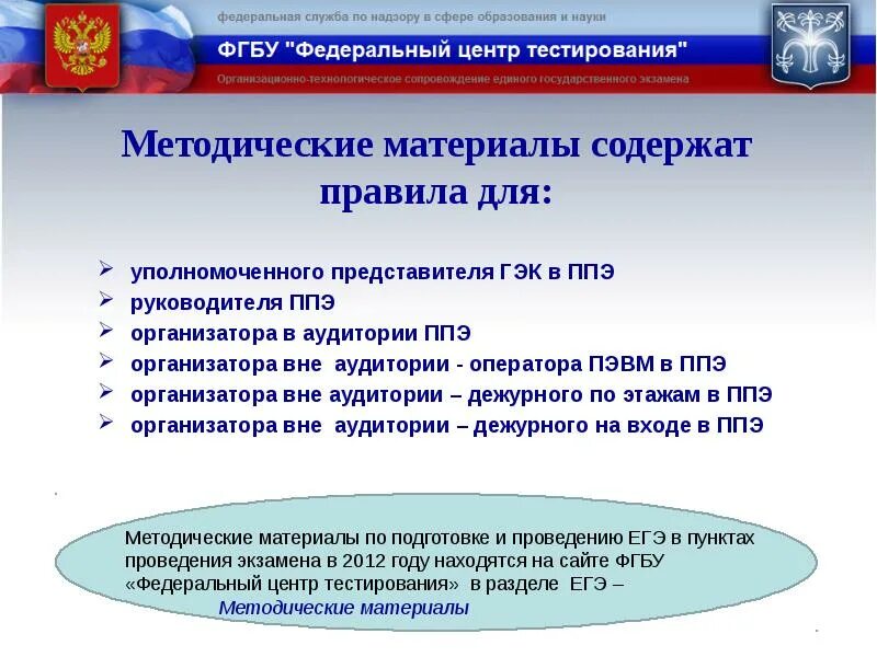 Пункт проведения ЕГЭ. Методические материалы ЕГЭ. ГЭК ЕГЭ. Федеральный центр тестирования.