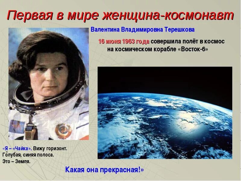 Назовите фамилию первой женщины космонавта. Первая женщина космонавт.