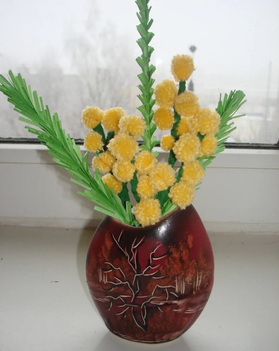 Аппликация мимоза из салфеток. Как сделать мимозу своими руками. Поделка мимоза. Ветка мимозы из салфеток. Поделка веточка мимозы.