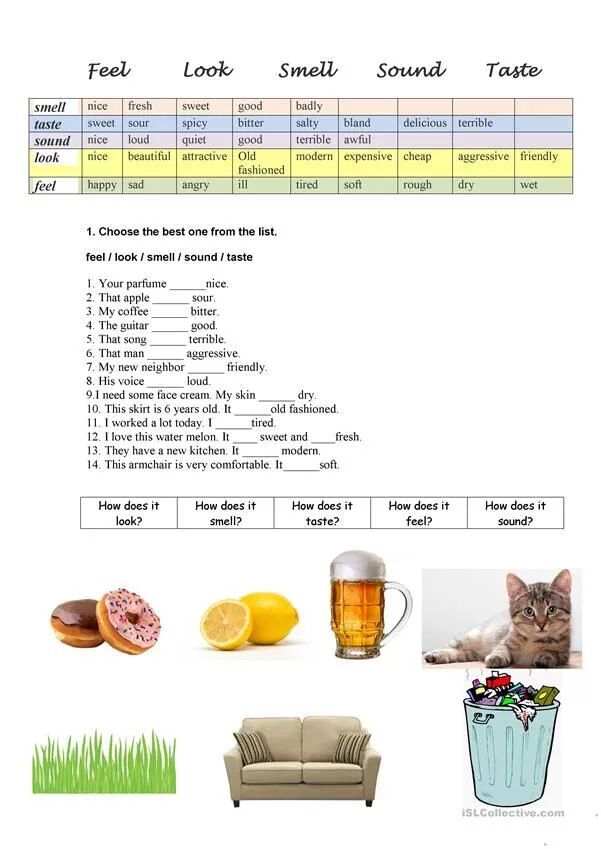 Look that feeling. Упражнения на senses verbs в английском. Verbs of senses Worksheets. Look smell taste Sound feel. Smells and tastes Worksheets.