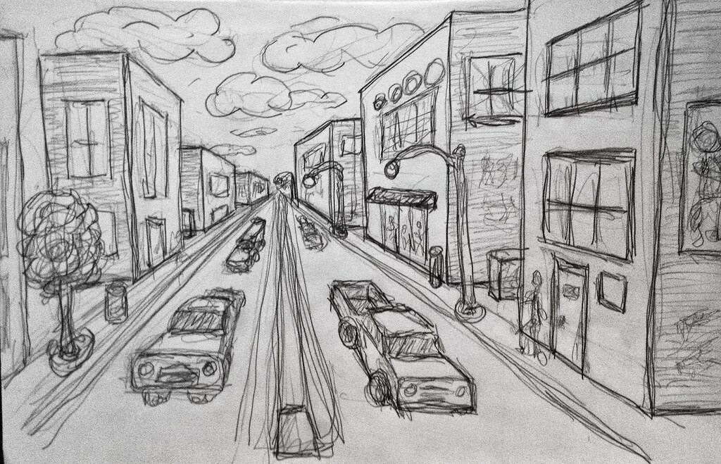Перспектива улицы. Рисование улицы в перспективе. Городской пейзаж в перспективе. Городской пейзаж карандашом. Рисунок нарисовать улицу