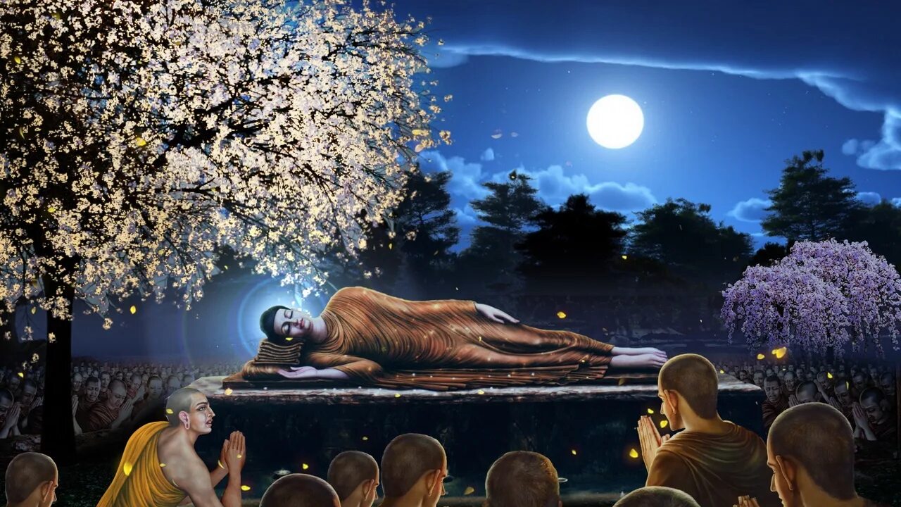 После смерти в буддизме. Паринирвана Будды. Смерть Будды Шакьямуни. Паринирвана буддизм. Смерть Будды картина.