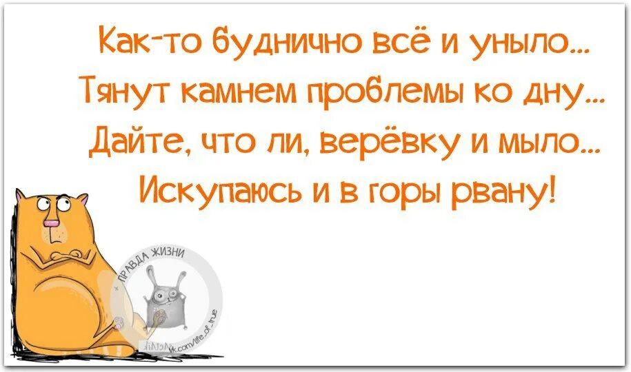 Что то как то уныло. Как то буднично все и уныло. дайте веревку и мыло искупаюсь и в горы рвану. как-то буднично всё и уныло тянут камнем проблемы ко дну. щас помоюсь и в горы рвану.