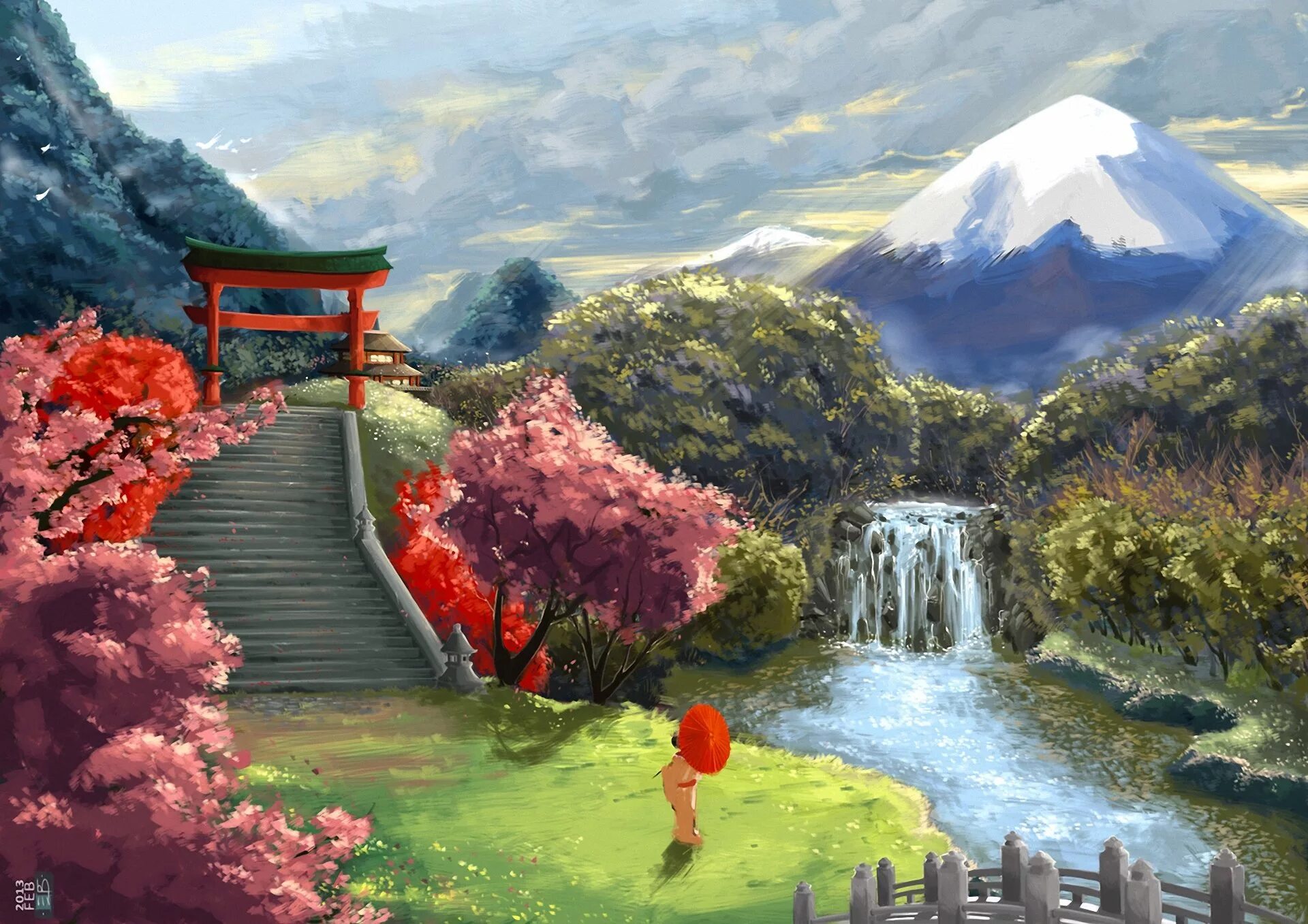 Обои картины. Япония горы Сакура арт. Япония, водопад, Сакура. Японская живопись -Китай Сакура сад. Пейзаж Японии врата.