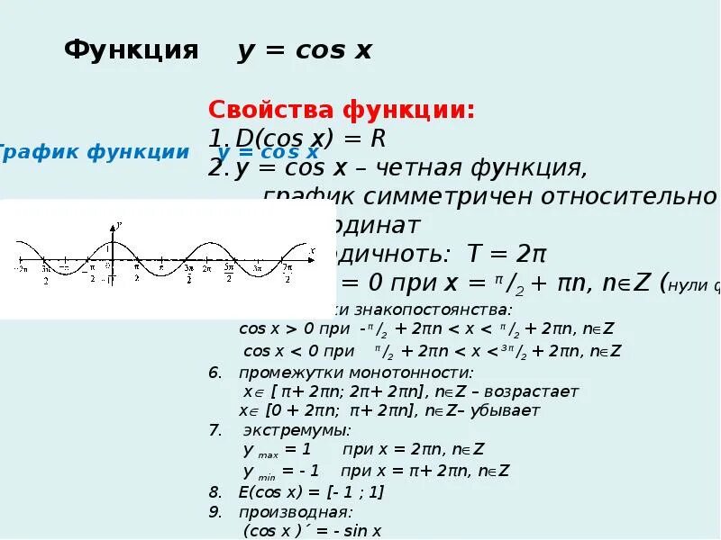 Свойства y cosx. Y cosx исследование функции. исследование функции cos x. исследование функции y cos x. тригонометрические функции y cosx.