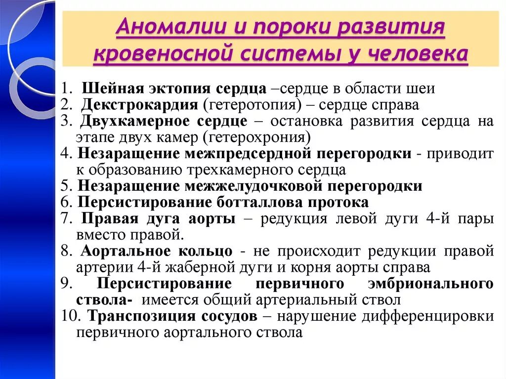 Основные аномалии развития. Аномалии развития сердечно-сосудистой системы человека. Пороки развития кровеносной системы. Врожденные пороки развития кровеносной системы у человека. Онтофилогенетические пороки развития кровеносной системы.