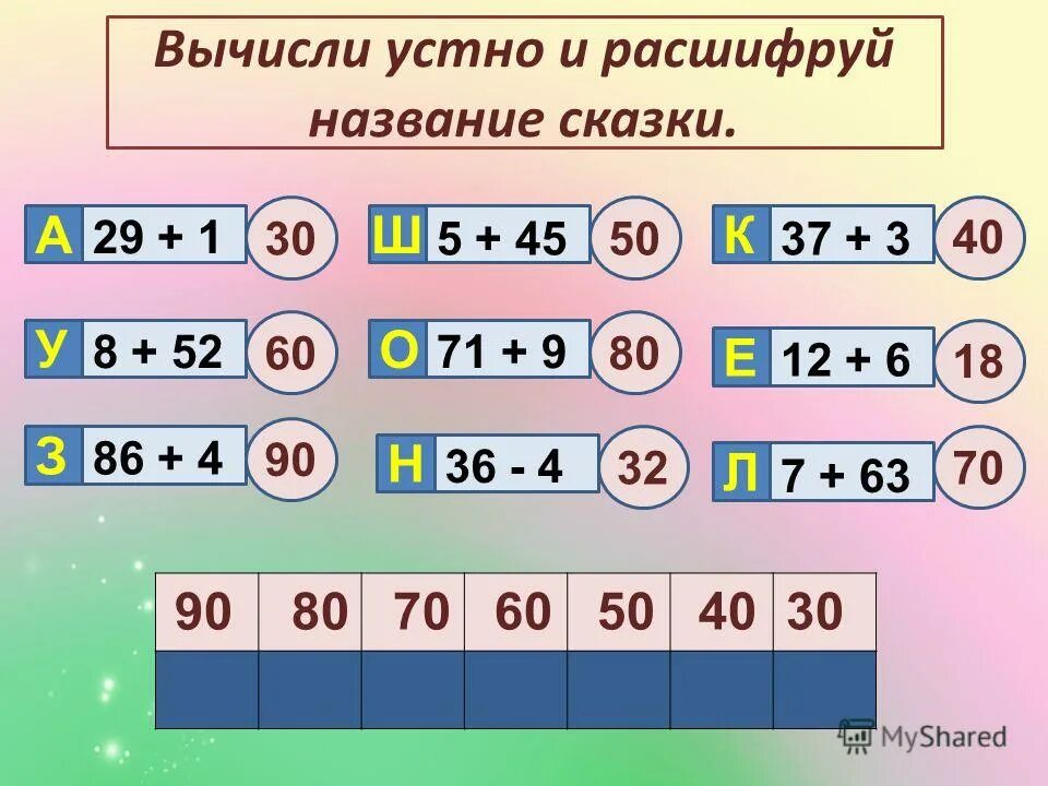 Вычисли и расшифруй. Расшифруй название. Вычисли и расшифруй скороговорку. Реши примеры и расшифруй название. Расшифруй поставив