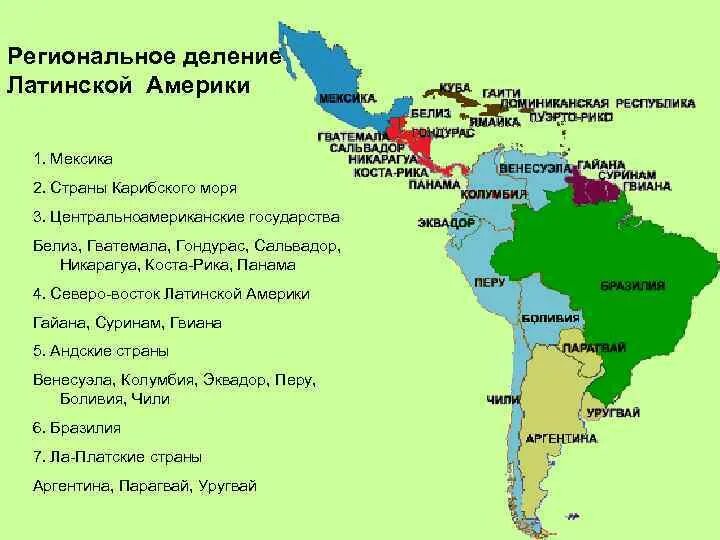 Америка какие страны входят в состав. Деление Латинской Америки на субрегионы. Субрегионы Латинской Америки карта. Состав Латинской Америки политическая карта. Карта Латинской Америки со странами субрегионы.