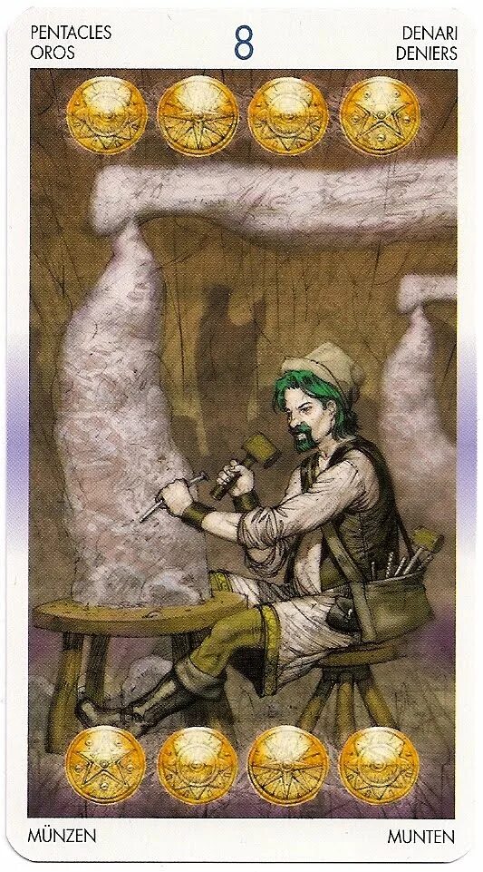 8 пентаклей таро уэйта. восьмерка пентаклей таро уэйта. восемь пентаклей таро. восьмерка денариев. восьмерка пентаклей таро.