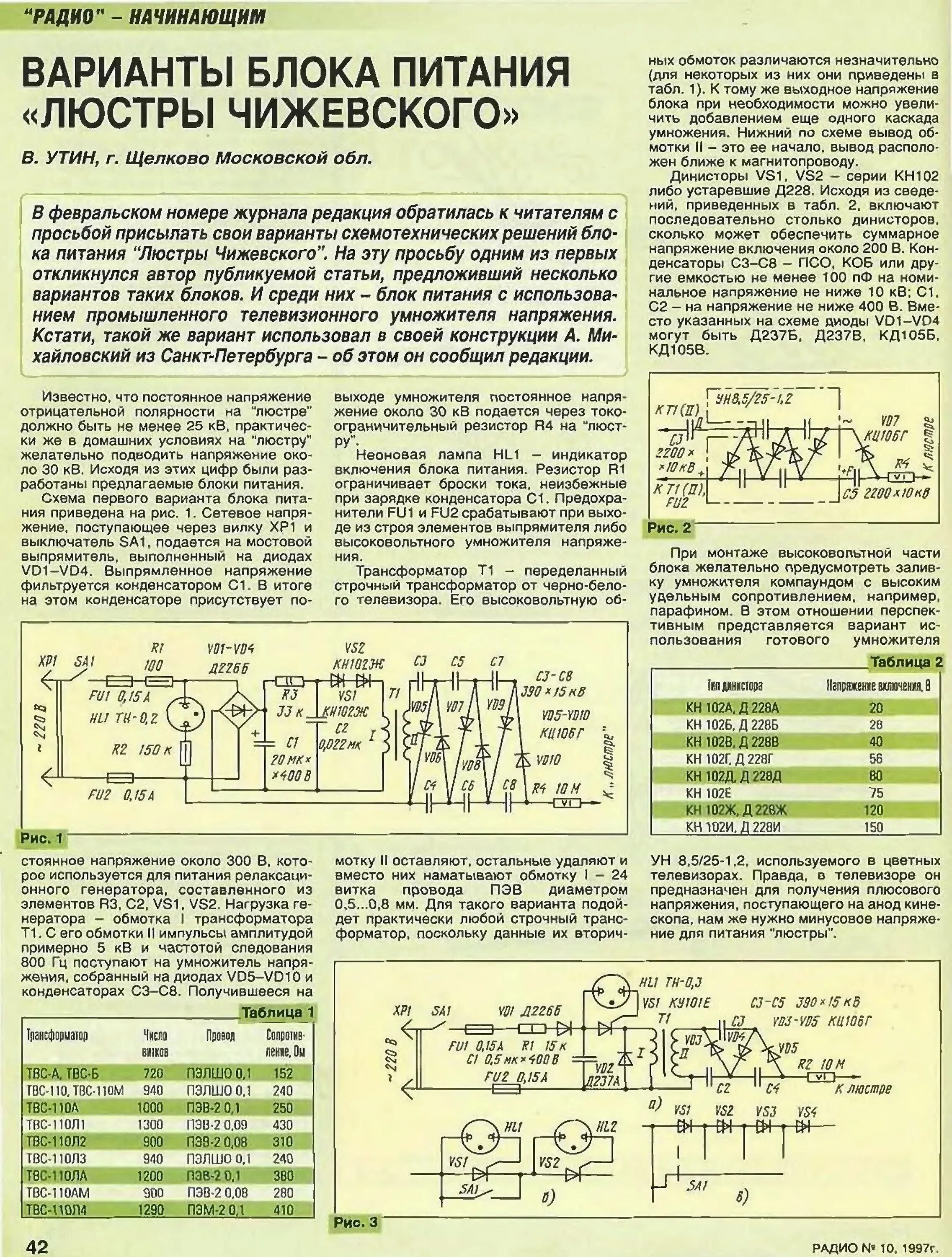 Радио 1997 года. Киловольтметр для люстры чижевского. блок питания люстры чижевского журнал радиолюбитель. люстра чижевского на твс 110пц15.