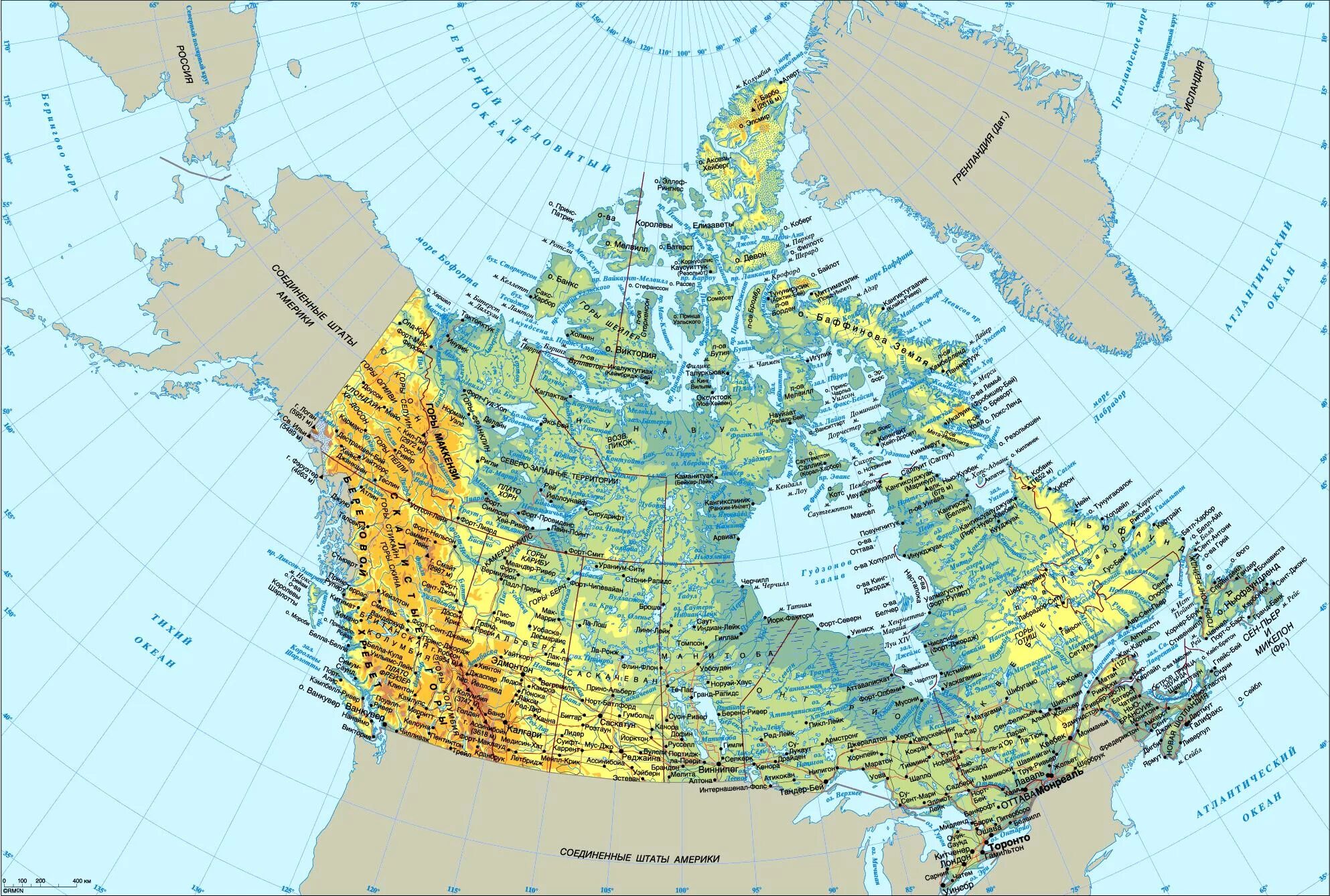 Самый западный город северной америки. Карта Канады географическая. Карта Канады географическая крупная. Физическая карта Канады.