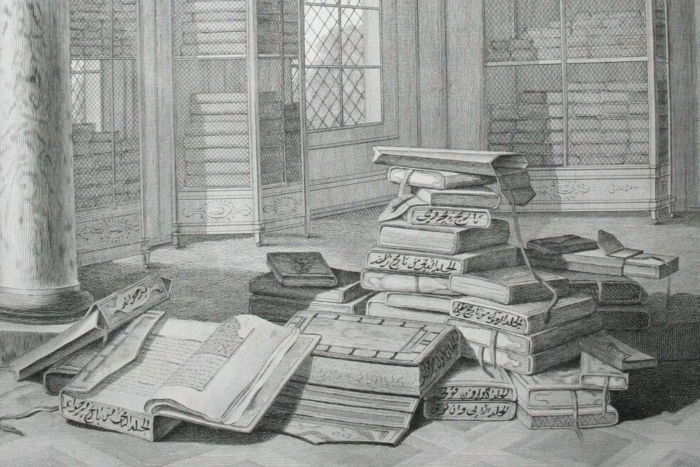 Скетч библиотеки. Фреска библиотеки карандашом. ancient librarian sketch.