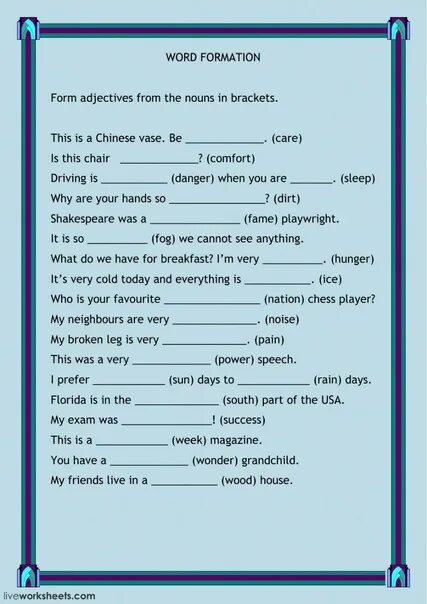 Form nouns from the words in bold. Word formation английском языке Worksheet. Словообразование Worksheets. Словообразование в английском Worksheets. Word formation задания.