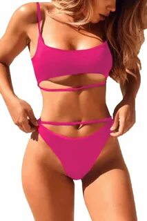 QINSEN Womens High Cut Bikini Bathing Suit Push up Padded Cutout Crop Top H...