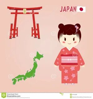 Cute japanese symbols and girl. 