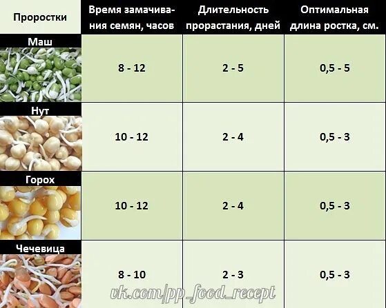 Сколько минут фасоль. Таблица пророщенных зерен. Замачивание и проращивание семян таблица. Таблица прорастания семян. Пророщенный семена таблица.