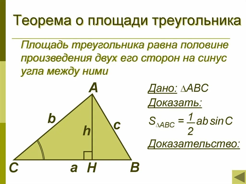 Площадь треугольника через угол и 2 стороны. Теорема о площади треугольника. Теорема площадей треугл. Теорема площади треугольника через синус. Теорема о площади треуголтн.