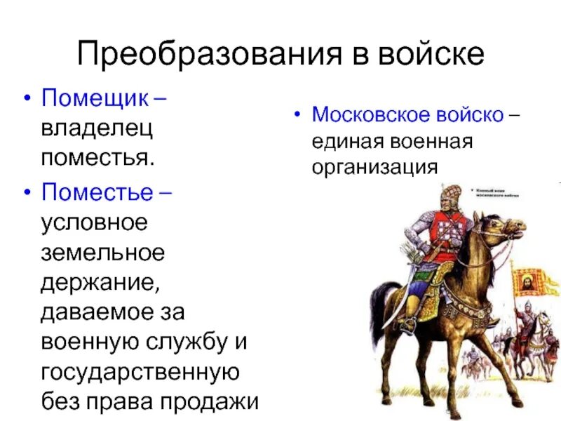 Конно людно и оружно. Московское войско. Условное земельное держание. Земельное владение даваемое за военную и государственную службу.