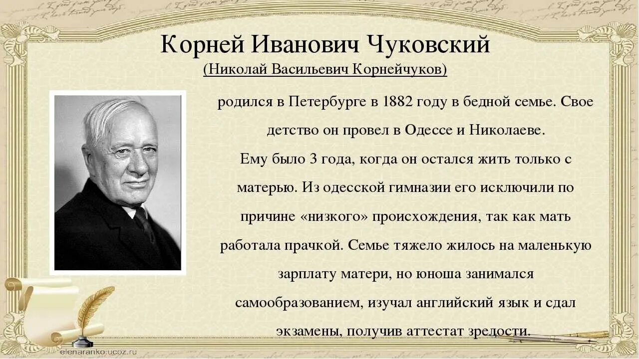 Сколько лет корневу. Рассказ о творчестве Корнея Чуковского. Рассказ о творчестве писателя Чуковского.