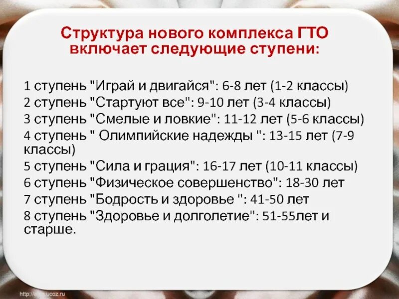 Первый комплекс гто включал только одну ступень. Структура нового комплекса ГТО включает:. Ступени нового комплекса ГТО. Структура каждой ступени включает в себя следующие блоки в ГТО. Состав апелляционной комиссии ГТО включает:.