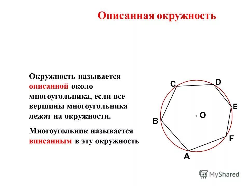 Дать определение описанной окружности. Многоугольник описанный около окружности. Описанная окружность многоугольника. Окружность описанная вокруг многоугольника. Многоугольник называется вписанным.