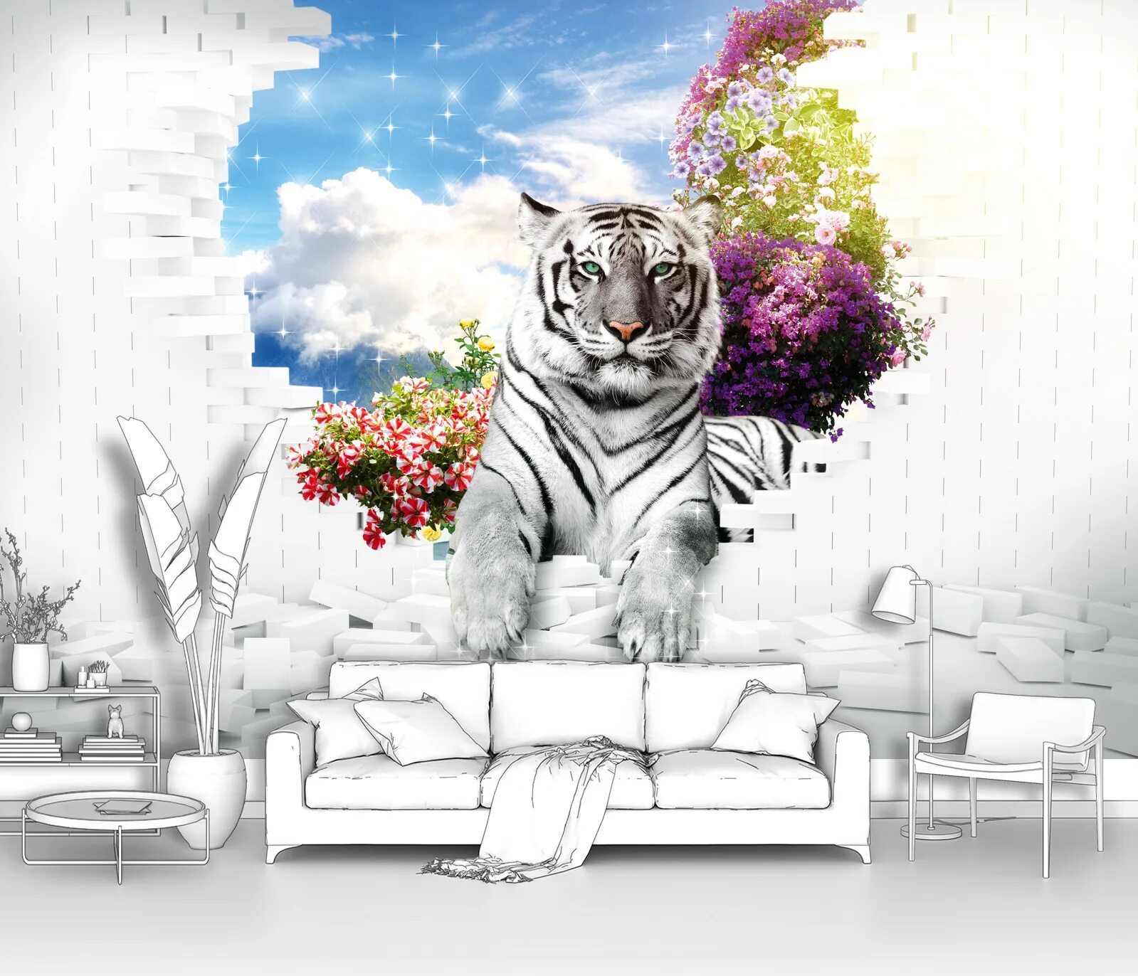 Фотообои на стену. Фотообои белые тигры. Фотообои белые. Фотообои тигр на кирпичной стене в интерьере.