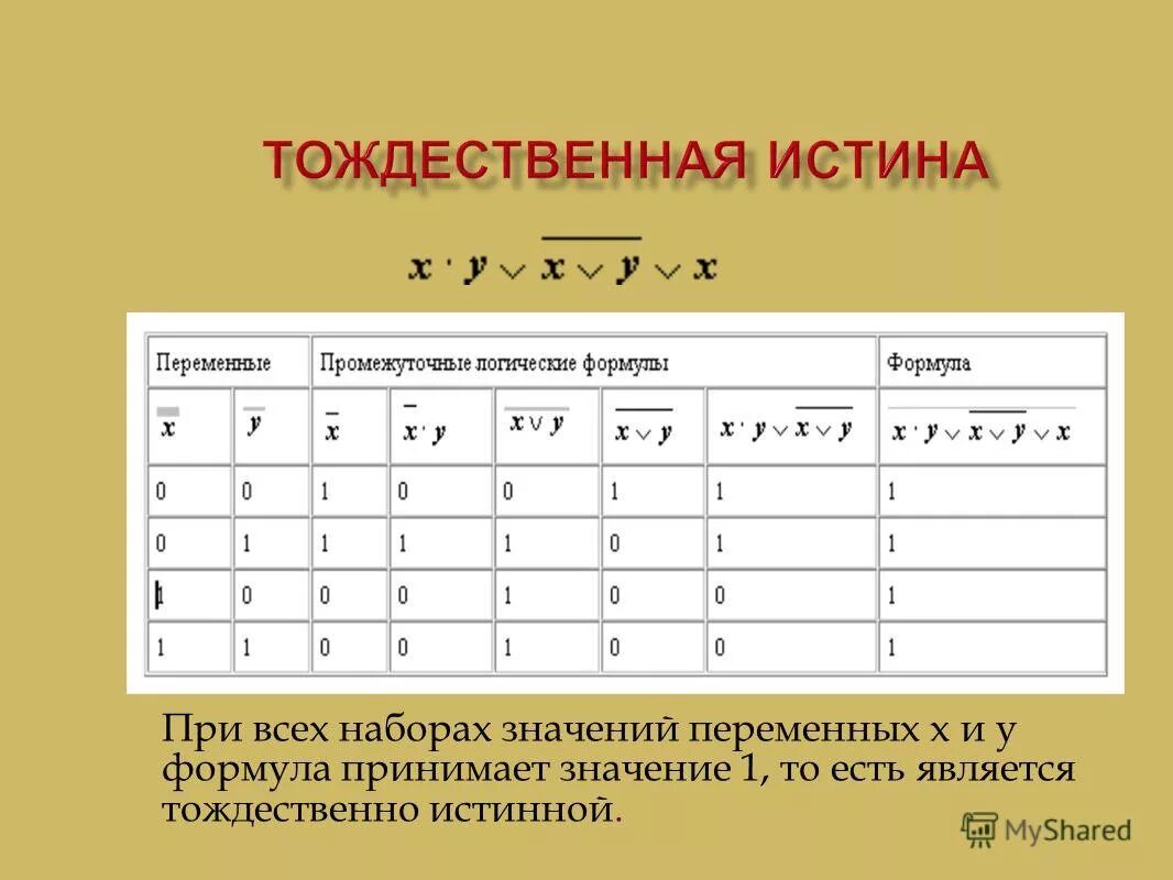 Тождественно истинная формула. Тождественно истинные и тождественно ложные формулы. Тождественно истинная формула в логике.