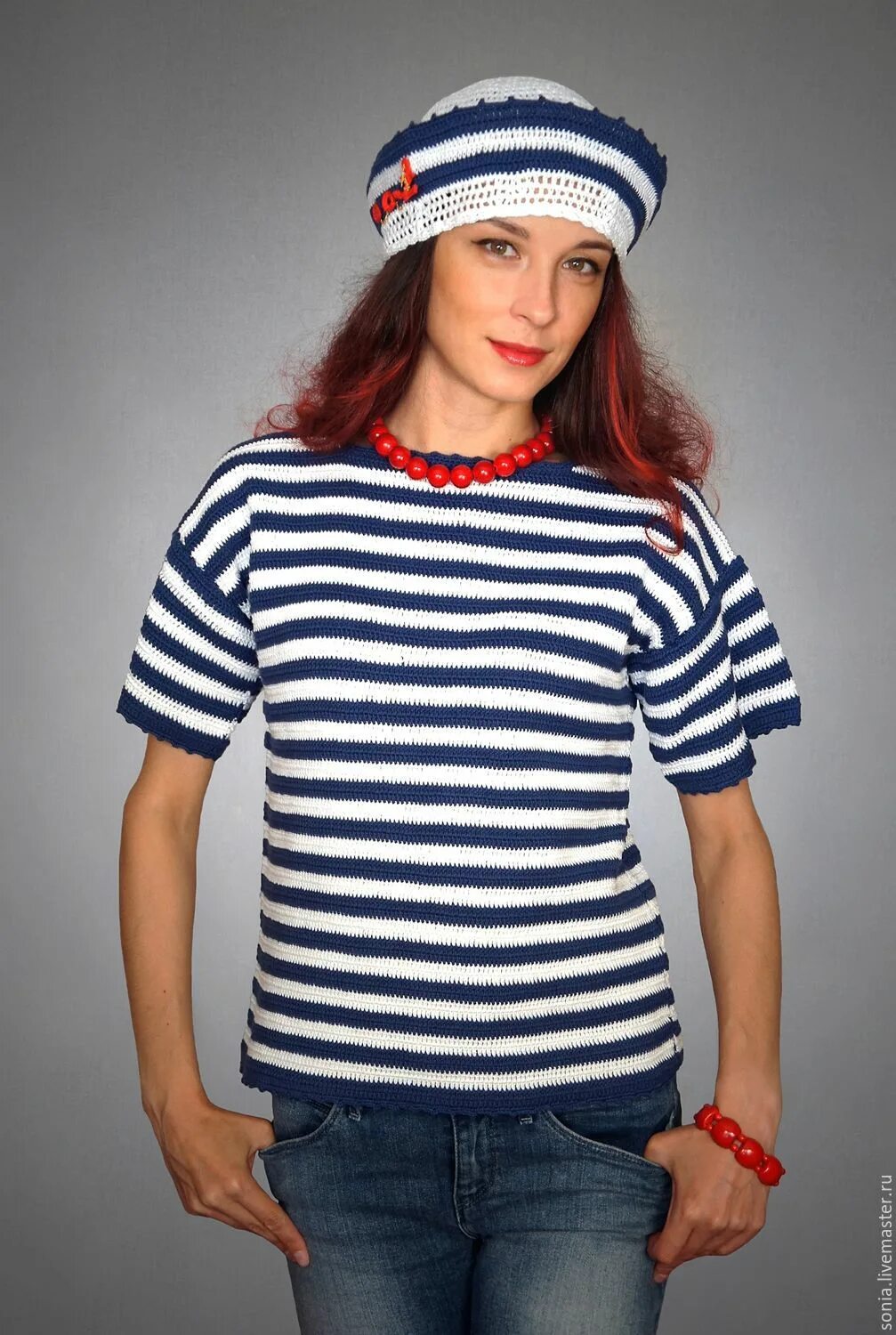 Вязаная тельняшка спицами. Полосатый свитер женский. Тельняшка женская. Пуловер в полоску. Вязаная тельняшка для женщин.