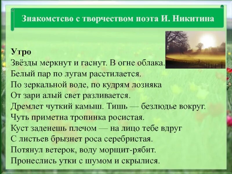 Солнце еще облаков не задело трава. Стих Никитина утро. Стих утро Никитин. Стиз звëзды меркнут и гаснут.