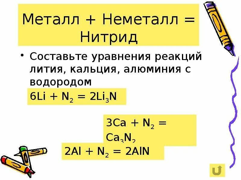 Напишите уравнения реакций с помощью которых. Напишите уравнение реакций получения нитрида. Взаимодействие азота с магнием. Гидролиз бинарных соединений неметаллов. Напишите уравнение реакций получения нитрида.