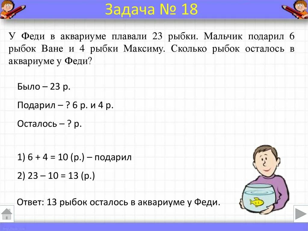 Краткая запись таблицей 3 класс. У Феди было 23 рыбки. У Феди в аквариуме плавали 23 рыбки. Сколько в аквариуме осталось рыбок. У Феди в аквариуме плавало 23 рыбки задача.