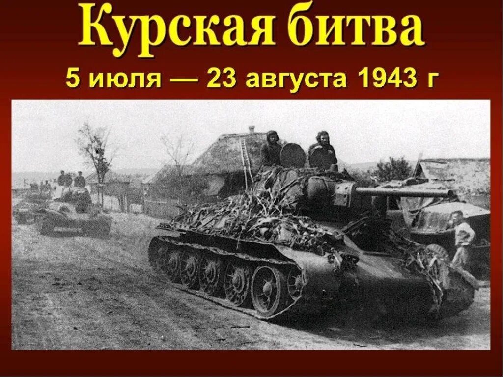 5 Июля – 23 августа 1943 г. – Курская битва. Курская битва - июль-август 1943 г.. Курская дуга 5 июля 23 августа 1943. 5 Июля – 23 августа – битва под Курском..