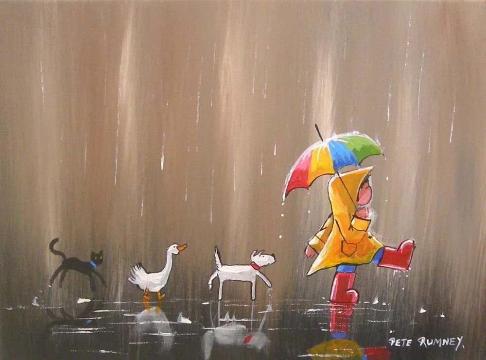 Животные радуются дождю. Иллюстрация под дождем. Лиса под дождем. Утка с зонтом.