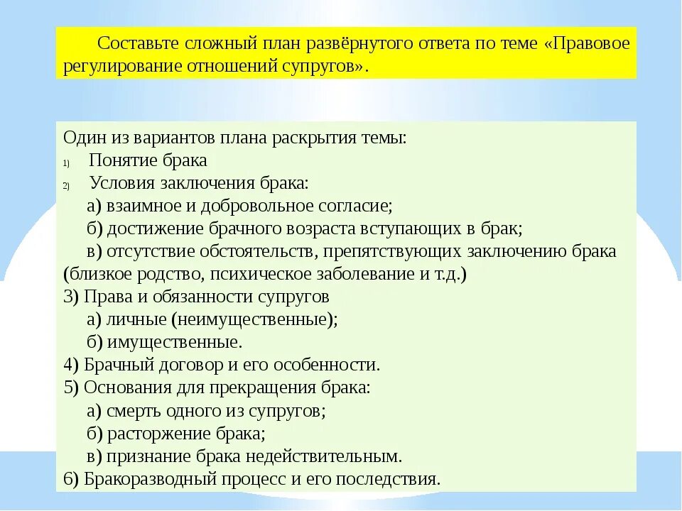 Составьте план по теме гражданские правоотношения. Семейное право РФ сложный план. Развернутый план по теме семейное право. Составьте сложный план по теме «семейное право».. Семейное право развернутый план.