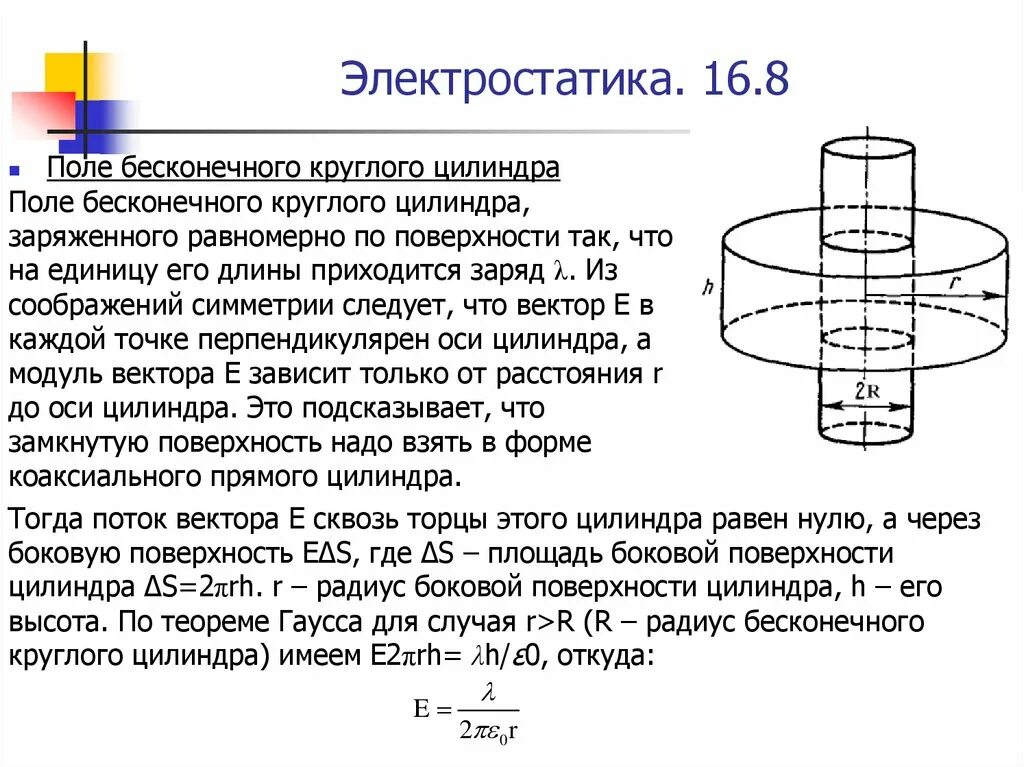 Электростатическое поле цилиндра. Поле равномерно заряженного по поверхности бесконечного цилиндра. Поле бесконечного цилиндра равномерно заряженного по объему. Поле цилиндра. Поле бесконечно заряженного цилиндра.