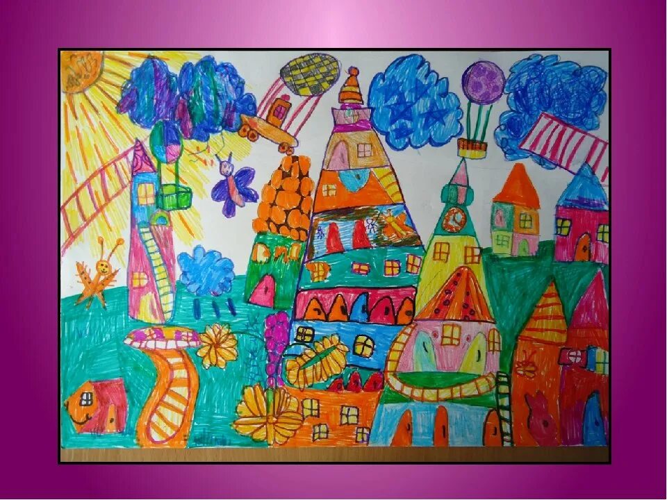 Детские рисунки. Рисование фломастерами для детей. Город рисунок для детей. Изо для дошкольников.