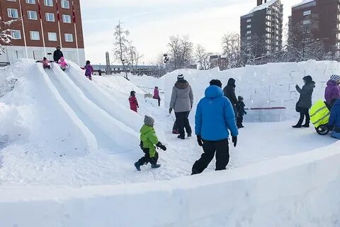Снег и елки ледяные горки лыжи санки