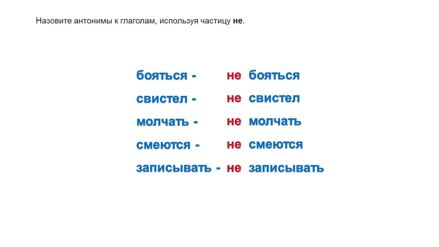 Глаголы антонимы. Антоним к слову бояться. Слова антонимы с частицей не. Антонимы к глаголам с частицей не. Глагола используя частицу не