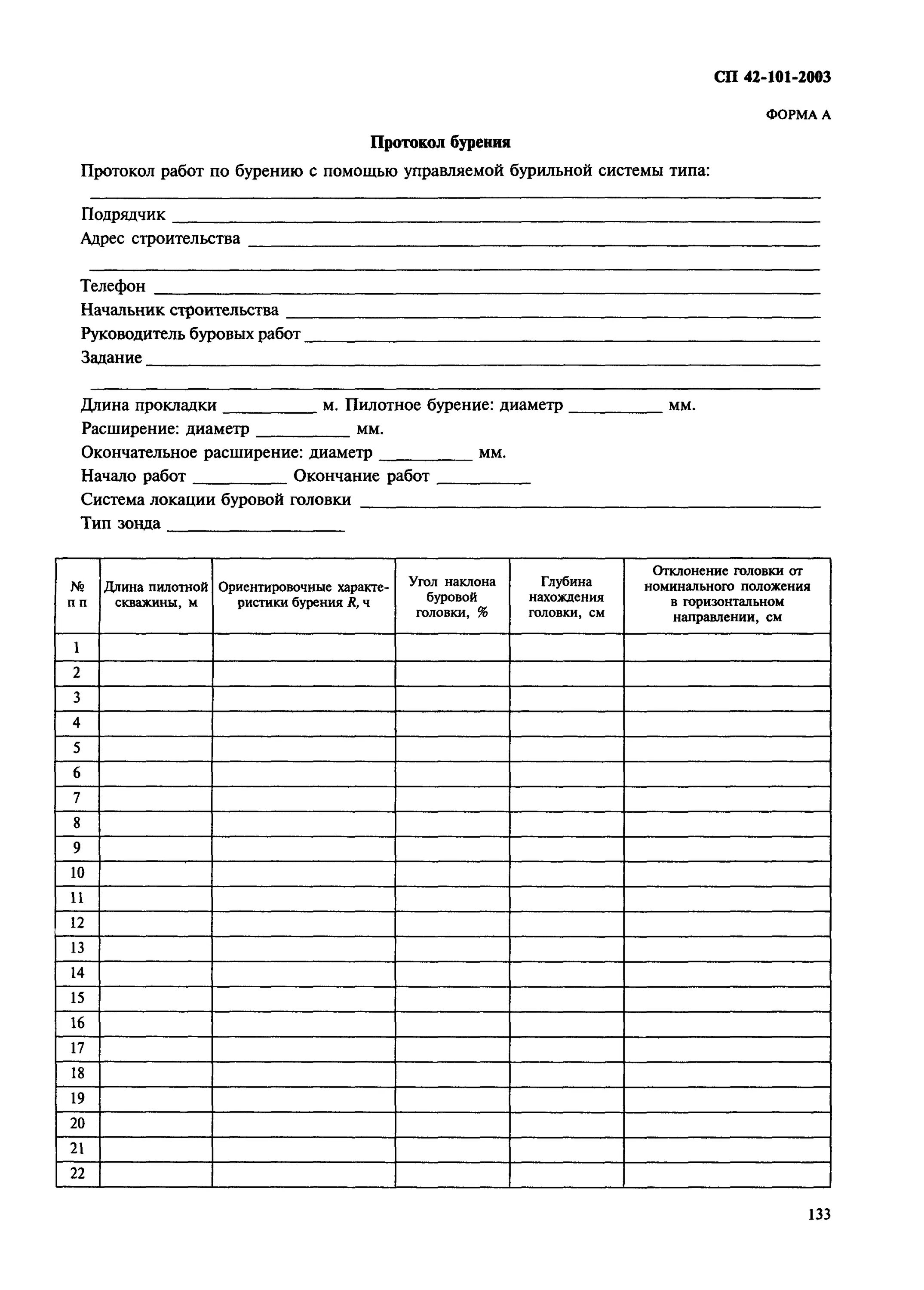 Сп 42 101 2003 газораспределительные. Протокол бурения ГНБ форма а. Пример протокола бурения ГНБ. СП 42-101-2003 форма а. Протокол бурения скважины методом ГНБ.