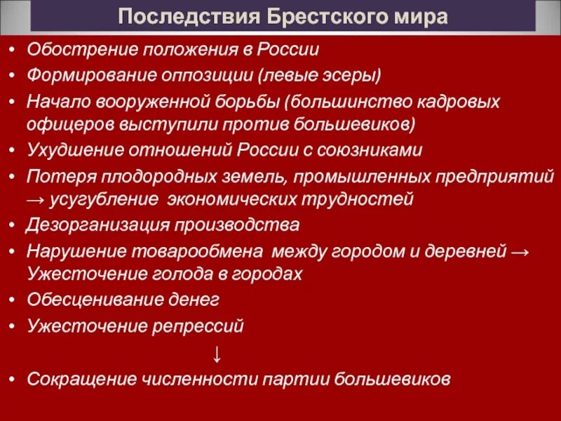 Внешнеполитическое последствие. Последствия подписания Брестского мирного договора. Брестский мир 1918 плсле. Кратко последствия Брестского мирного договора.