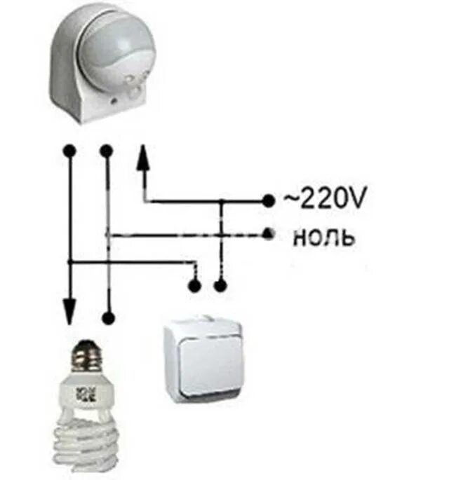 Датчик движения для включения света схема подключения с выключателем. Схема подключения датчика движения через выключатель. Подключить датчик движения через выключатель схема. Схема подключения освещения через датчик движения с выключателем. Подключение датчика движения к лампочке