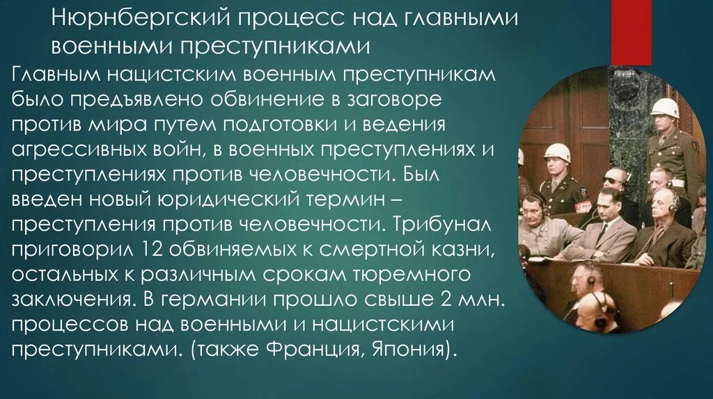 Нюрнбергский процесс над главными военными преступниками Германии.. Нюрнбергский процесс 1945 итоги. Нюрнбергского международного военного трибунала. Нюрнбергский процесс слайд. Нюрбенский процесс