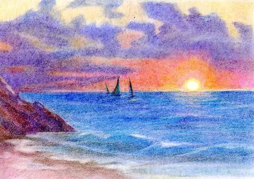 море карандашом цветным. санрайз рисунок. морской пейзаж карандашом. море акварельными карандашами. море цветными карандашами.