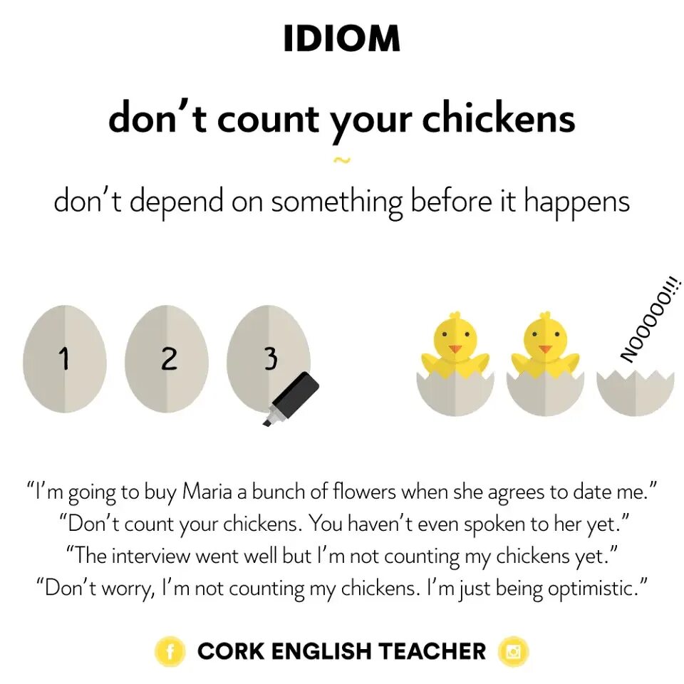 Don't count your Chickens before they Hatch. Don't count your Chickens before they are Hatched. Don't count your Chickens before the Eggs have Hatched. Doesn't count.