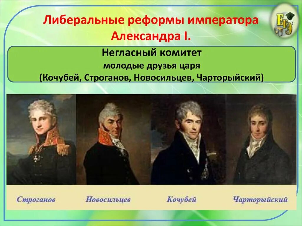 Правление негласного комитета. Новосильцев Строганов Чарторыйский.